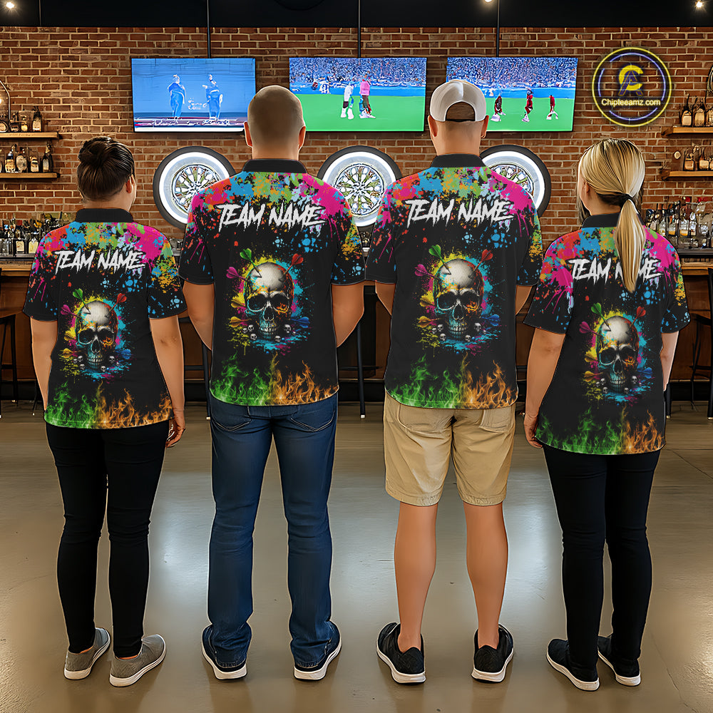 Custom Colorful Skull Dart Arrow Fire Flame Men Darts Polo League Shirts Dart Jerseys NYN2242