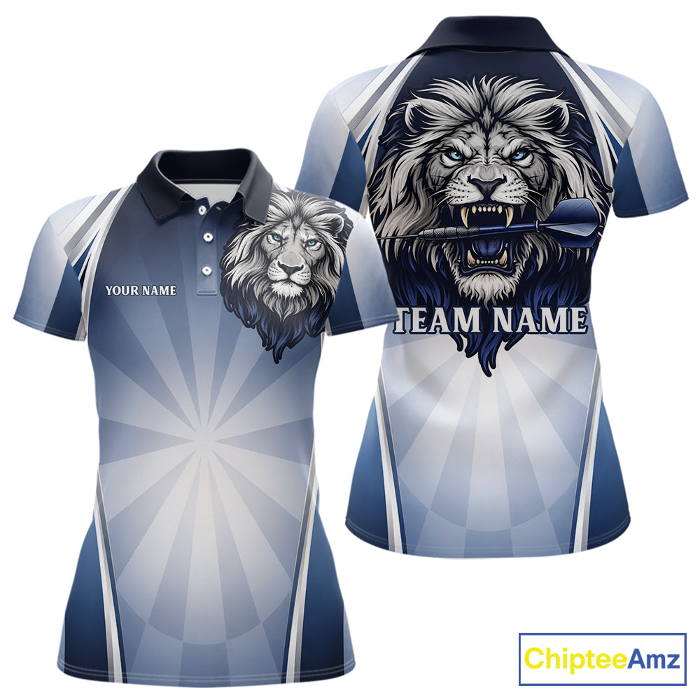 Personalized Blue And Silver Funny Lion Darts Shirt Lion Darts Polo & 1/4-Zip For Women Darts Gifts NYN2899