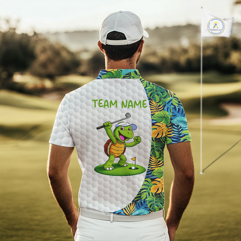 Golfing Turtle Mens Golf Polo Shirt Custom Tropical Pattern Monstera Golf Team Shirts NYN2907