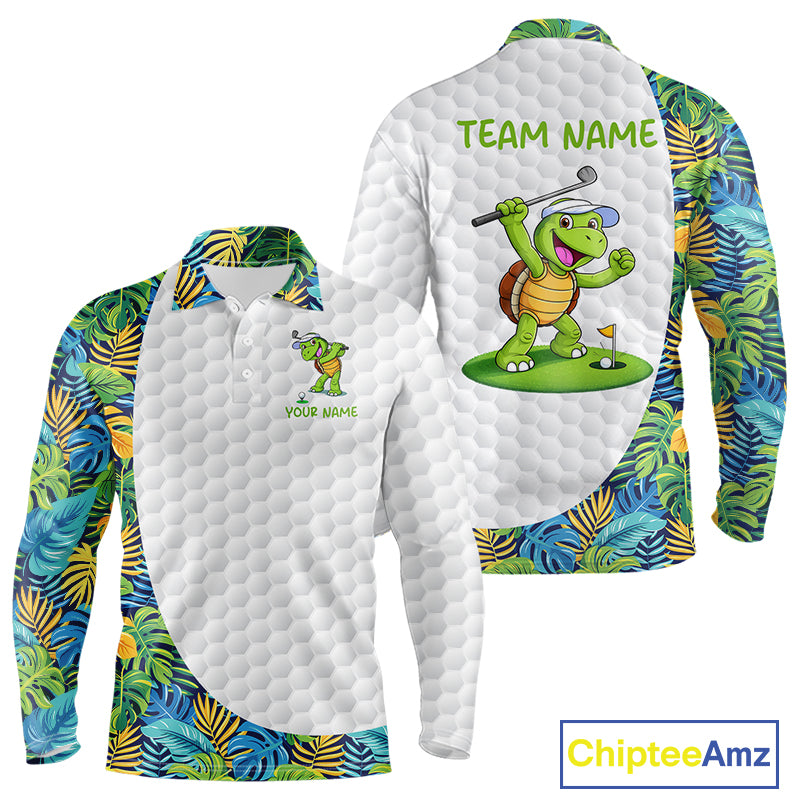 Golfing Turtle Mens Golf Polo Shirt Custom Tropical Pattern Monstera Golf Team Shirts NYN2907