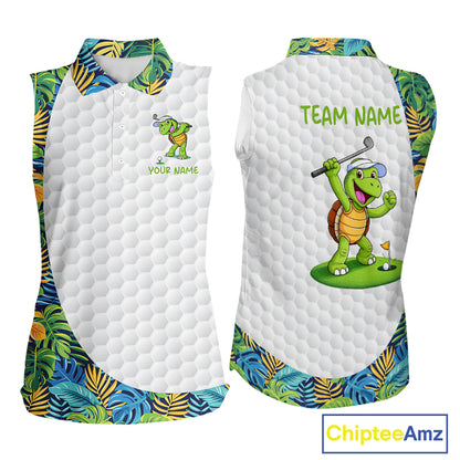 Golfing Turtle Womens Sleeveless Golf Polo Shirt Custom Tropical Pattern Monstera Golf Team Shirts NYN2907