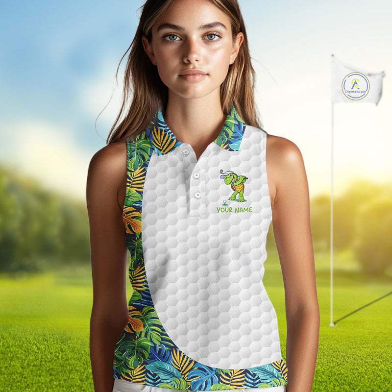 Golfing Turtle Womens Sleeveless Golf Polo Shirt Custom Tropical Pattern Monstera Golf Team Shirts NYN2907