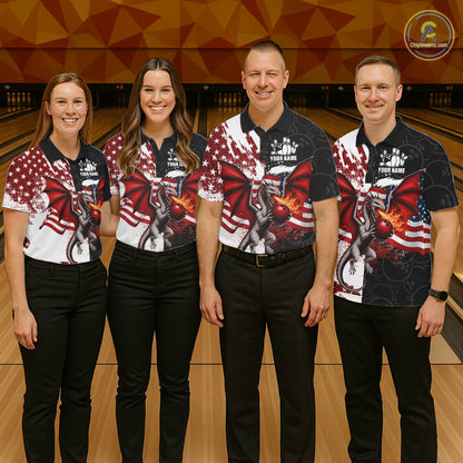 Red, White And Black US Flag Men Bowling Shirt Custom Patriotic Dragon Fire Flame Bowling Team Jersey NYN3276