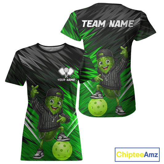 Green & Black Funny Pickle Hip-Hop Women's Pickleball T-Shirt, Personalized Funny Pickle Shirt, Hip-Hop Sports Apparel, Streetwear Athletic Tee