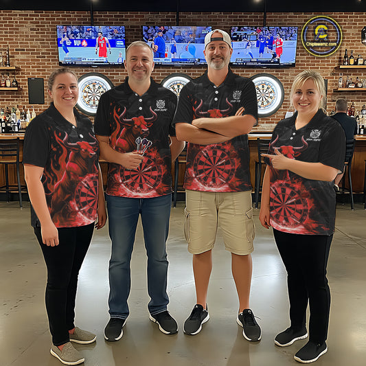 Red Funny Bull Fire Flame Dartboard Custom Men Darts Quarter-Zip League Shirts Dart Jerseys NYN2244