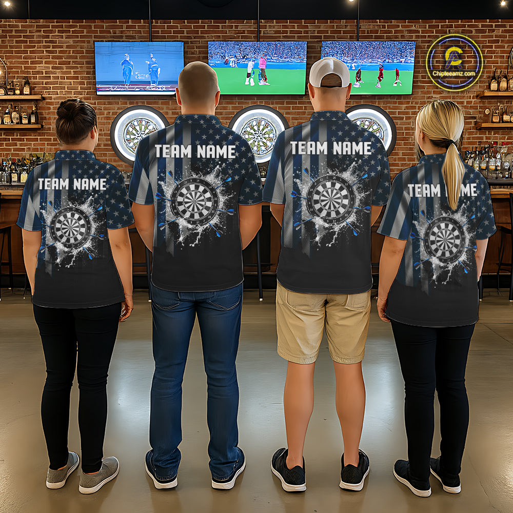 Custom Blue US Flag Water Dartboard Men Darts Polo League Shirts Patriotic Dart Jerseys NYN2246