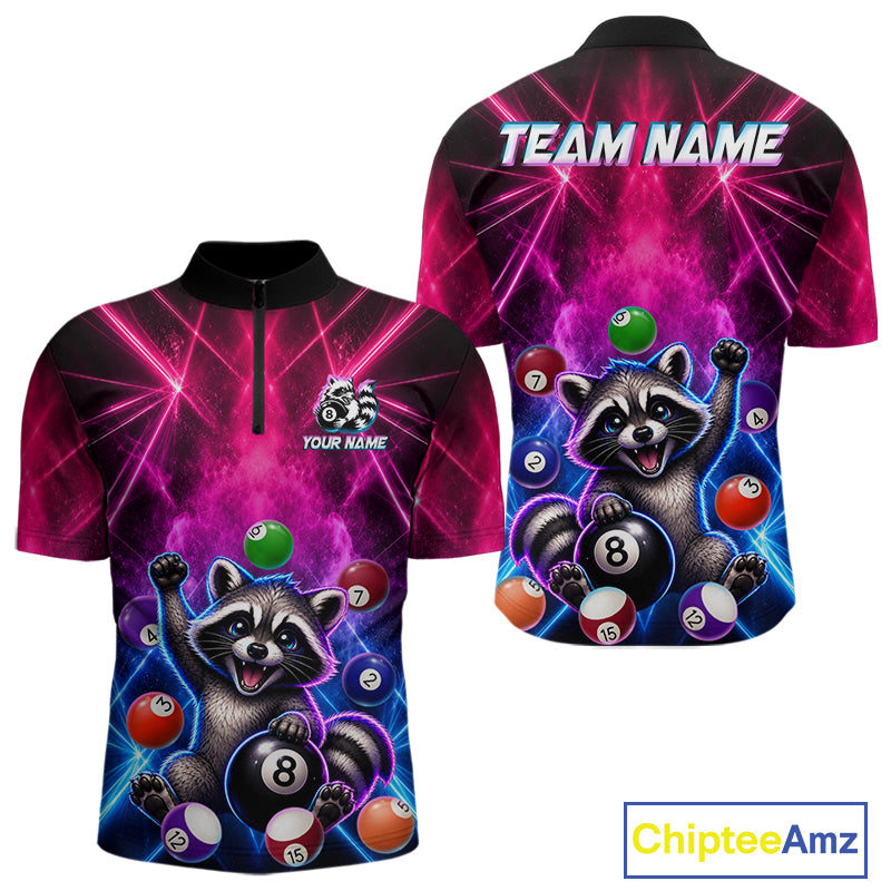 Funny raccoon 8 ball billiard 1/4-zip shirt with pink and blue smoke design for men
