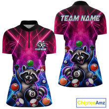 Load image into Gallery viewer, Funny raccoon 8 ball billiard 1/4-zip shirt with pink and blue smoke design