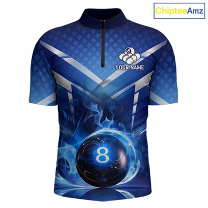 Personalized Blue & Silver Billiard 3D Shirts For Men Ball 8 Flame Billiard Jerseys For Gifts NYN2923