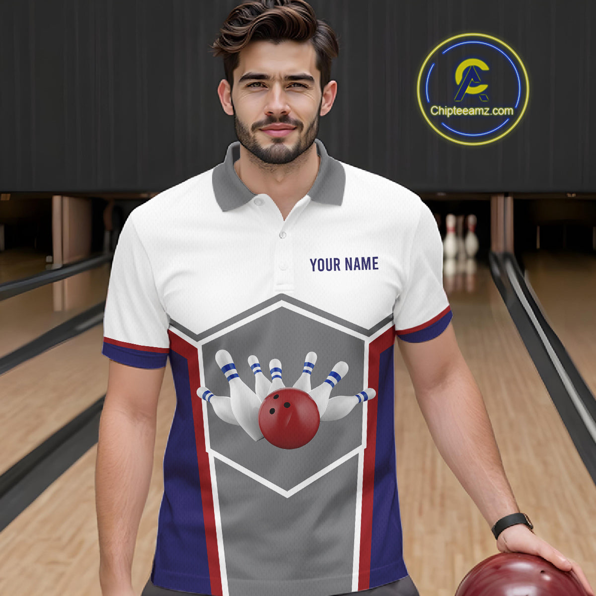 Red, Blue And Gray Bowling Pin Jerseys For Men Custom Bowling Polo 1/4-Zip Shirt, Gift For Bowlers NYN3125