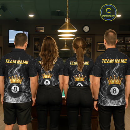 Personalized Gold Crown 8 Ball Women Billiard Pool Shirts Custom Fire Flame Billiard Jersey | White NYN3310