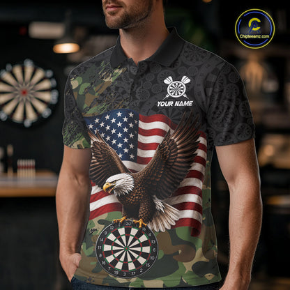 Male model wearing Green Camouflage Eagle custom darts polo shirt at dart league tournament, tactical patriotic jersey, athletic performance apparel, strength, honor, competitive spirit