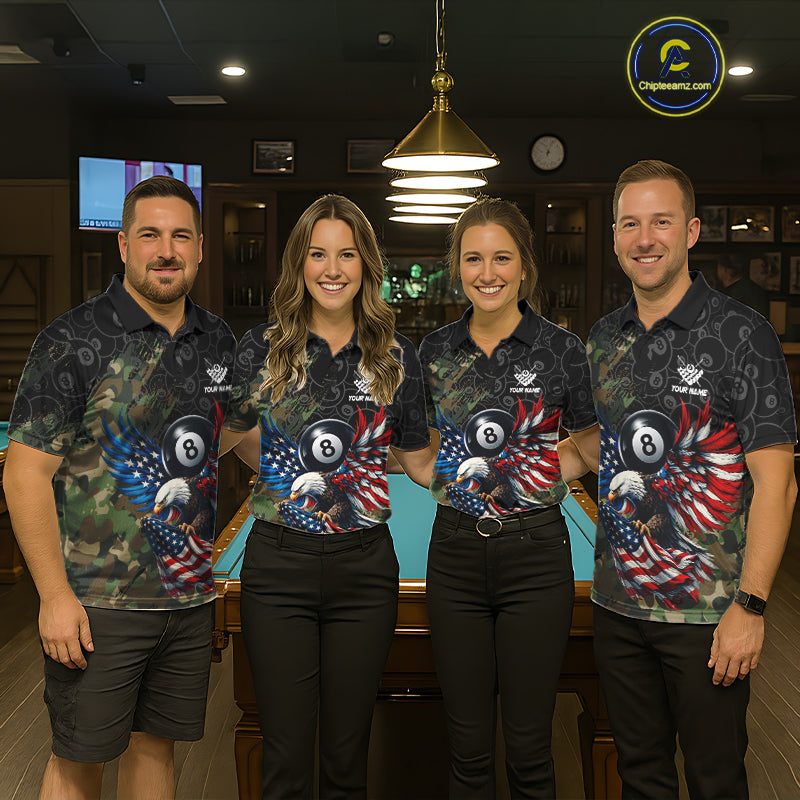 Pool team wearing matching Green Camouflage Eagle polo and quarter-zip jerseys, personalized patriotic billiard uniforms, teamwork, military appreciation, leadership, championship performance