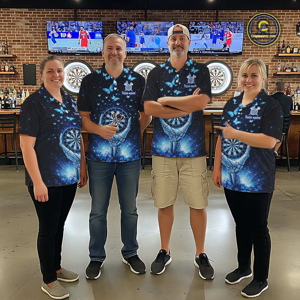 Blue Light Butterflies Skull Dartboard Custom Women Darts Quarter-Zip Shirts Dart League Jerseys NYN2263