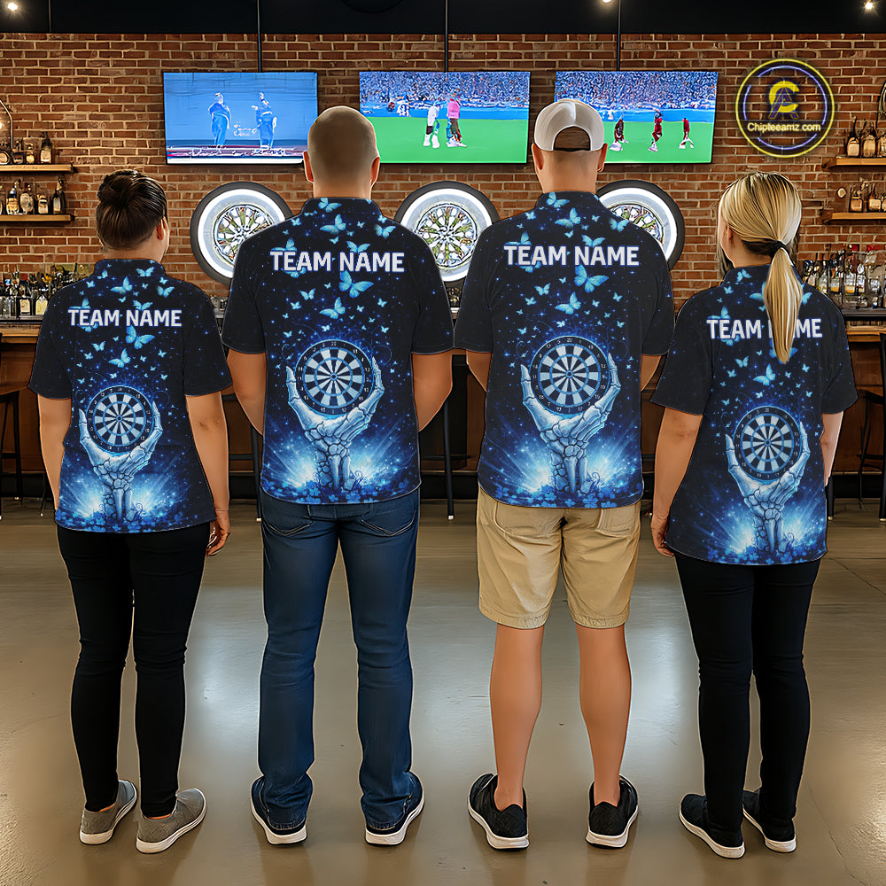 Blue Light Butterflies Skull Dartboard Custom Women Darts Quarter-Zip Shirts Dart League Jerseys NYN2263