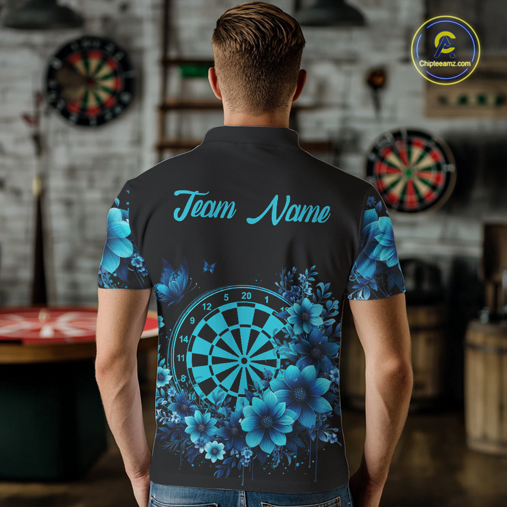 Blue Flowers & Butterfly Dartboard Custom Men Darts Polo Shirts Dart League Jerseys NYN2265