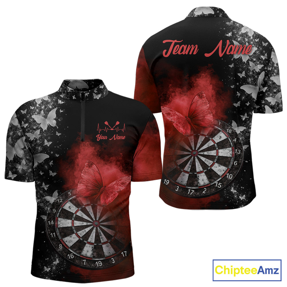 Custom Silver Butterfly Red Smoking Grunge Dartboard Men Darts Quarter-Zip Shirts Dart Jerseys NYN2267