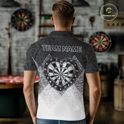 Black White Grunge Heart Dartboard Men Darts Valentine Shirt Custom Dart Polo Couple Gifts NYN2553