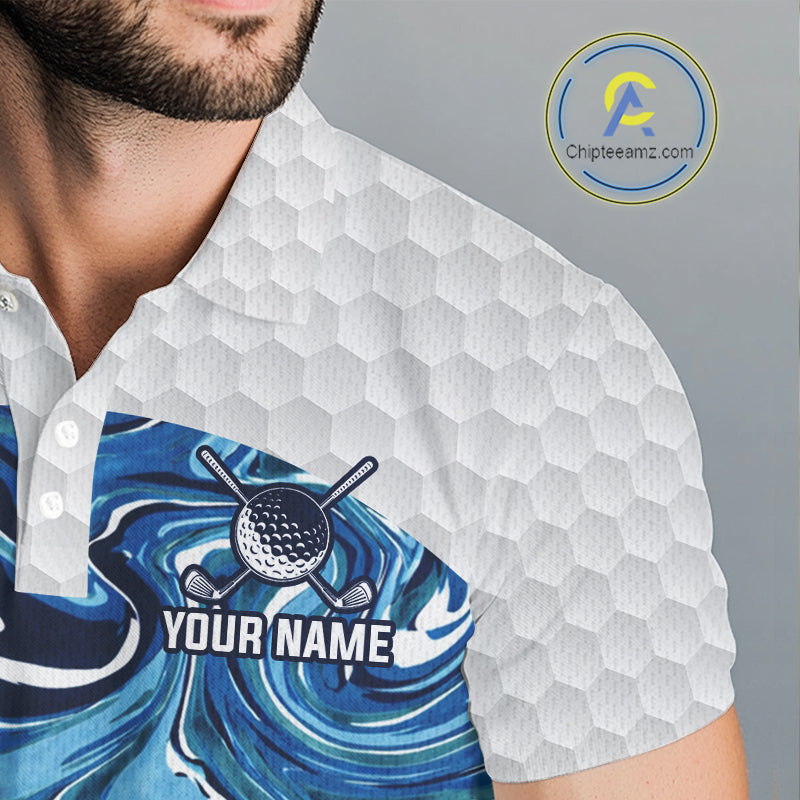 Mens Golf Clothing Blue Fluid Pattern Golf Polo Shirt Custom White Golf Ball Golf Upf Shirts NYN2929