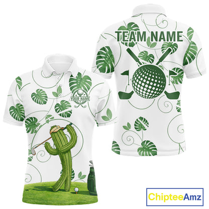 Mens Green Monstera Pattern Golf Clothing Custom Cactus Golfer Funny Mens Golf Polo Shirt NYN2931