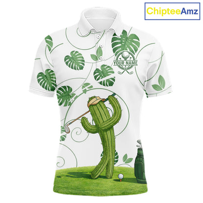 Mens Green Monstera Pattern Golf Clothing Custom Cactus Golfer Funny Mens Golf Polo Shirt NYN2931
