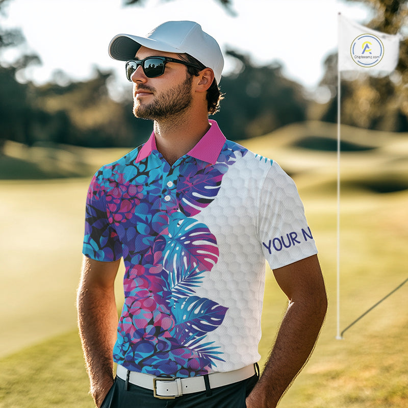 Mens Golf Clothing Monstera Pattern Floral Golf Shirt Custom Men White Golf Polo Best Golf Gifts NYN2936