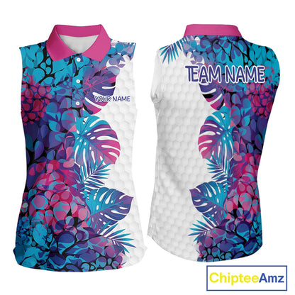 Women Golf Clothing Monstera Pattern Floral Sleeveless Golf Shirt Custom Women White Golf Polo Best Golf Gifts NYN2936