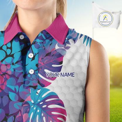 Women Golf Clothing Monstera Pattern Floral Sleeveless Golf Shirt Custom Women White Golf Polo Best Golf Gifts NYN2936
