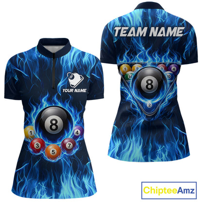 Fire Flame 8 Ball Billiard Shirt For Women Custom Blue Flames Pool Billiard Rack Team Shirt NYN3137