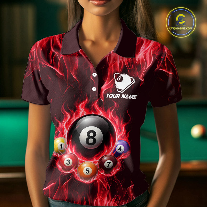 Fire Flame 8 Ball Billiard Shirt For Women Custom Red Flames Pool Billiard Rack Team Shirt NYN3138