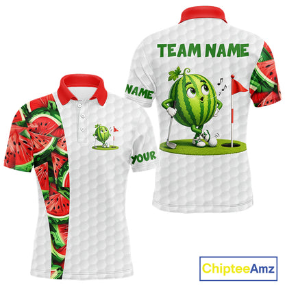 Golf-themed polo shirt with watermelon design and customizable text on a white background