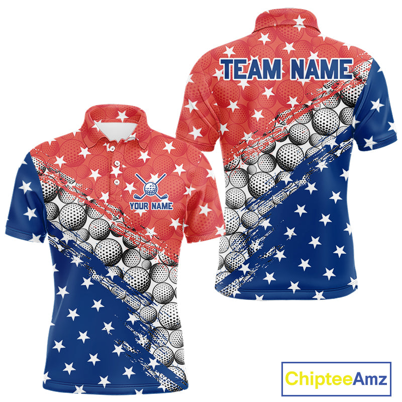 Two polo shirts with American flag and golf ball pattern, featuring 'Team Name' and 'Your Name' text.