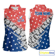Load image into Gallery viewer, Sleeveless shirt with golf ball pattern and American flag design, personalized with 'Your Name' and 'Team Name