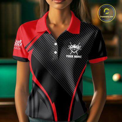 Black And Red Human Play Pool 8 Ball Women's Billiard Shirt Custom Billiard Team League Attire NYN2556