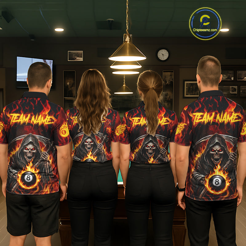 Grim Reaper 8 Ball Billiard Shirt For Men Custom Red Flames 8 Ball Pool Billiard Team Attire NYN3146