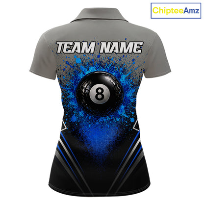 Personalized Grey And Blue Splatter 8 Ball Pool Billiard Shirt For Women Custom Billiard Team Jersey NYN3147