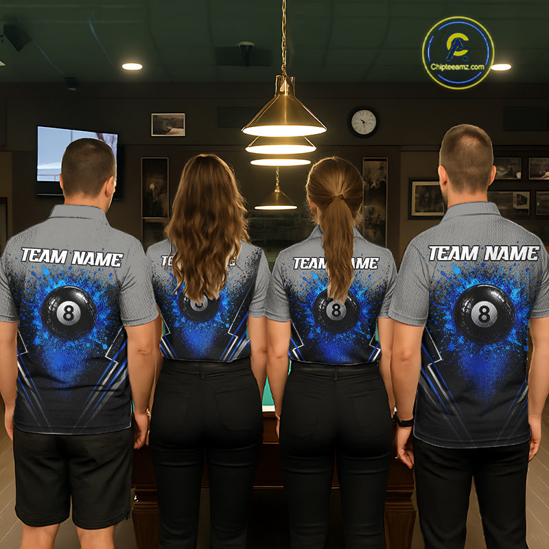 Personalized Grey And Blue Splatter 8 Ball Pool Billiard Shirt For Men Custom Billiard Team Jersey NYN3147