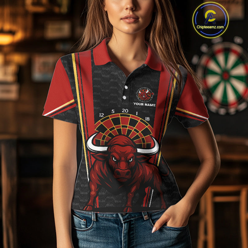 Red Powerful Bull Darts Dartboard Shirt For Women - Custom Team & Player Name NYN0359