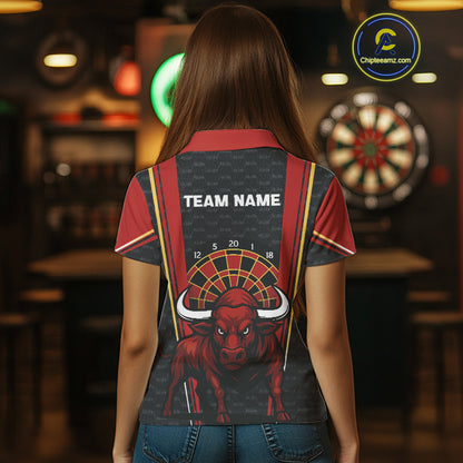 Red Powerful Bull Darts Dartboard Shirt For Women - Custom Team & Player Name NYN0359