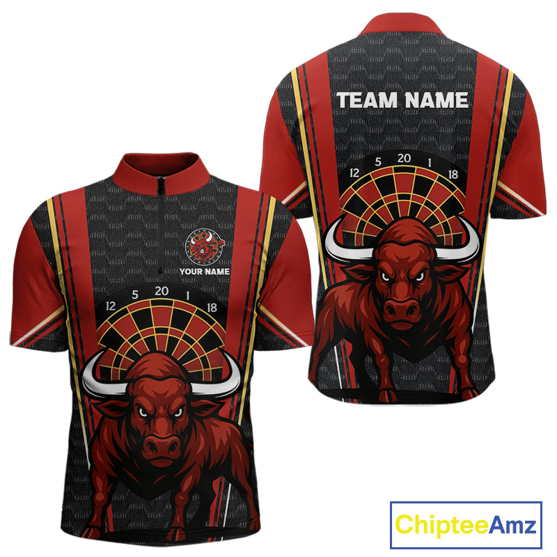 Red Powerful Bull Darts Dartboard Shirt For Men - Custom Team & Player Name NYN0359