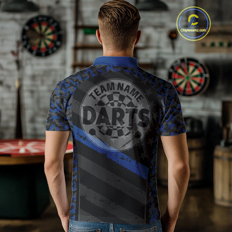 Grey Darts & Azure Camo Pattern Darts Shirt For Men - Custom Team & Player Name NYN0360