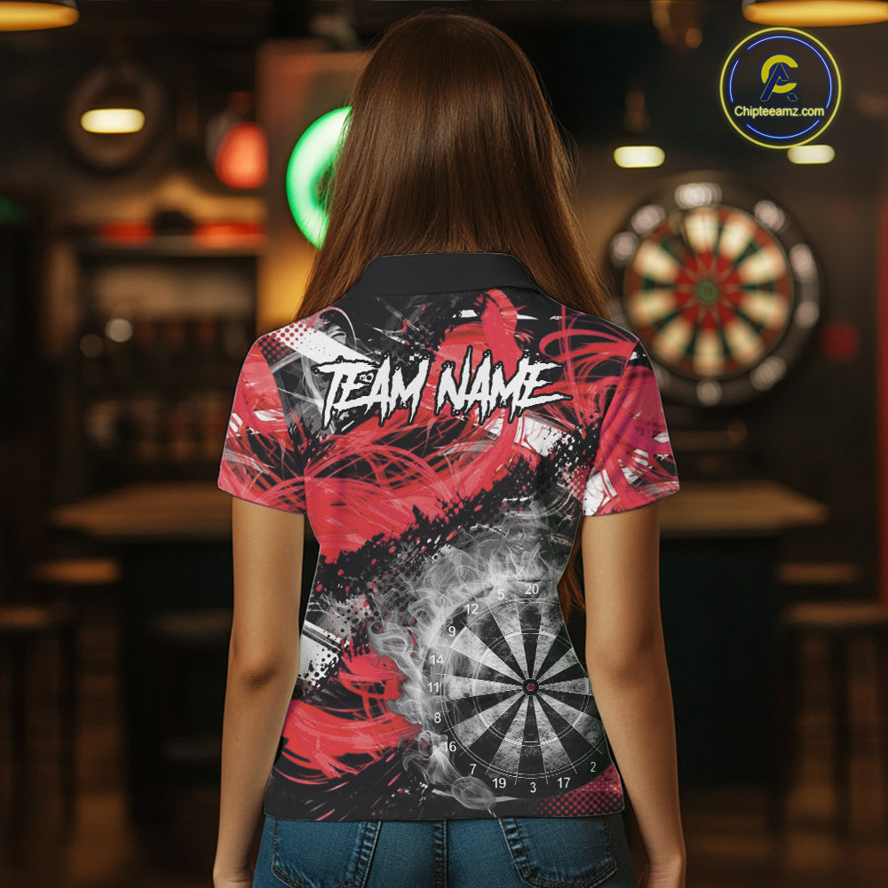 Red & Grey Smokes Dartboard Custom Women Darts Polo Shirts Grunge Dart League Jerseys NYN2279