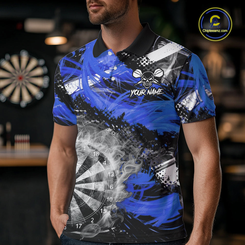 Blue & Grey Smokes Dartboard Custom Men Darts Polo Shirts Grunge Dart League Jerseys NYN2280