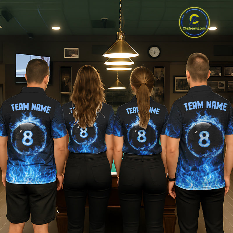 Custom Blue Flaming Pool 8 Ball Billiard Shirt For Men Personalized 3D Ball Billiard Attire Gifts NYN2570