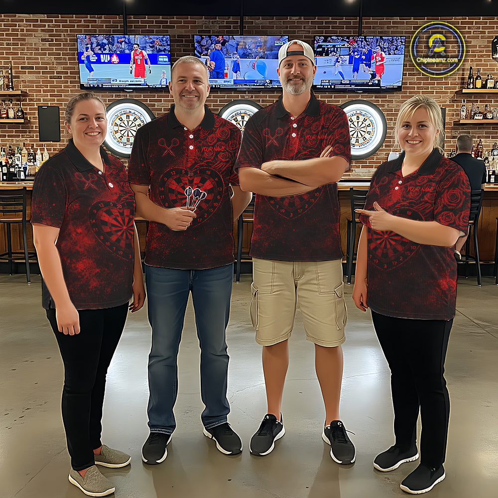 Red Grunge Roses Heart Dartboard Men Darts Valentine Shirt Custom Dart Polo Couple Gifts NYN2573