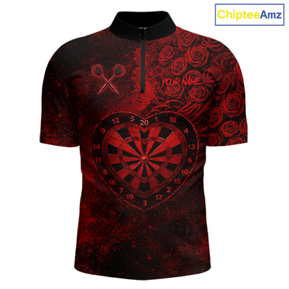 Red Grunge Roses Heart Dartboard Men Darts Valentine Shirt Custom Dart Quarter-Zip Couple Gifts NYN2573