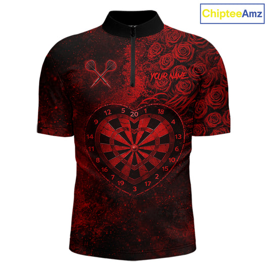 Red Grunge Roses Heart Dartboard Men Darts Valentine Shirt Custom Dart Quarter-Zip Couple Gifts NYN2573