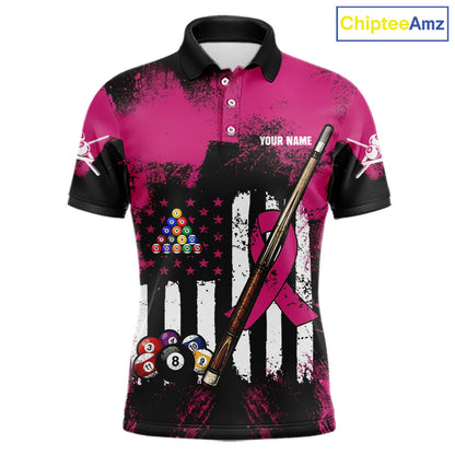 Pink Ribbon Grunge US Flag Patriotic Men Billiard Shirts Custom Breast Cancer Billiard Jerseys  NYN2943