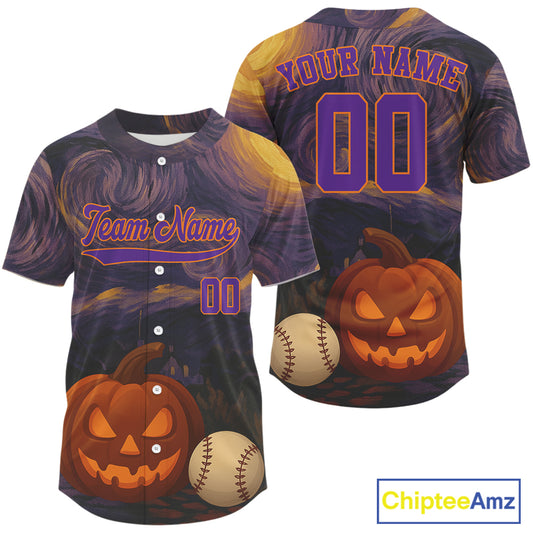Custom Pumpkin Funny Halloween Baseball Jersey For Men Purple Halloween Baseball Shirt NYN0827