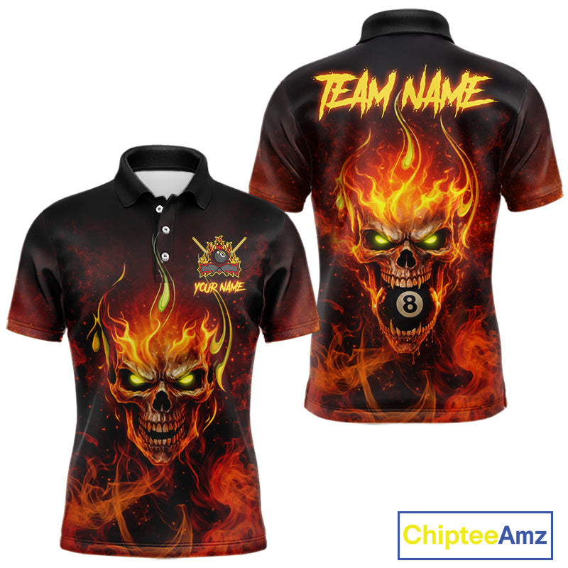 Orange Flaming Horror Skull 8 Ball Pool Men Billiard Polo & 1/4-Zip Shirt Custom Billiard Team Attire NYN2731